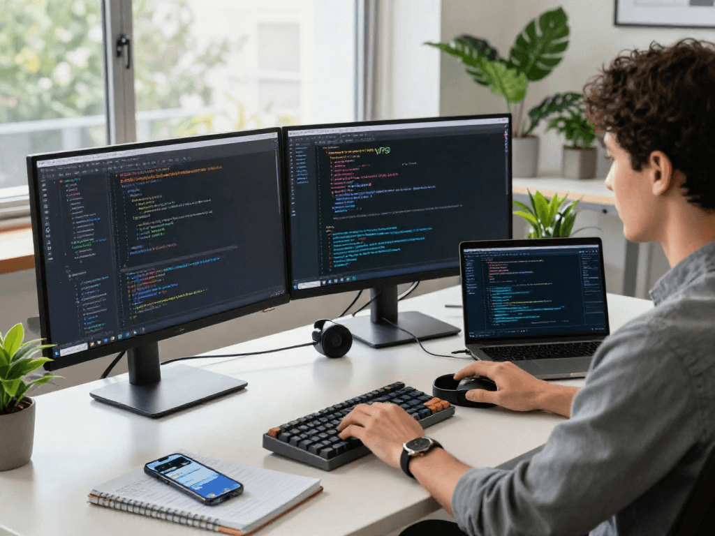 Configuración moderna de trabajo con servidores VPS en oficina, desarrollador programando en monitores.