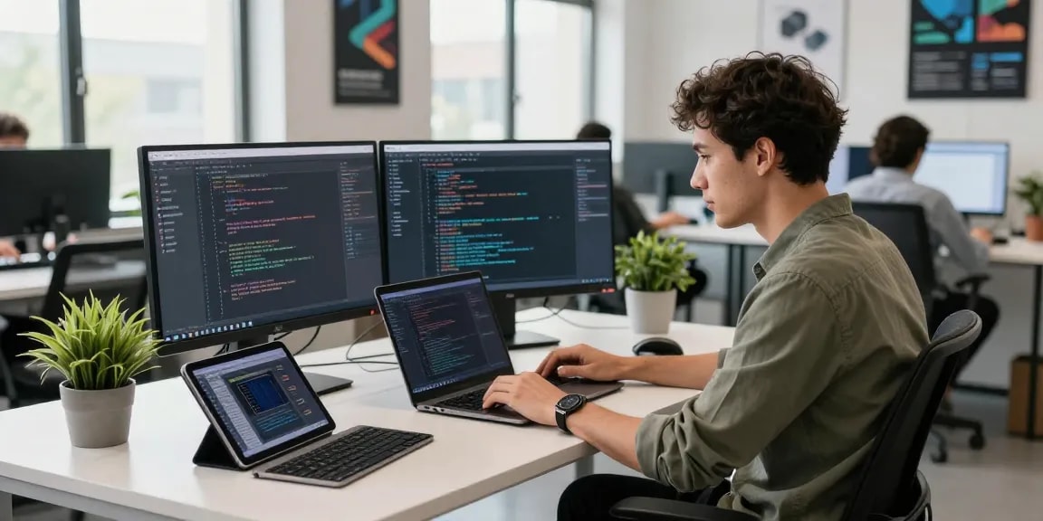 Modern coding workspace showcasing programmer utilizing 纸飞机中文版官网 for efficient app development in a bright tech office.