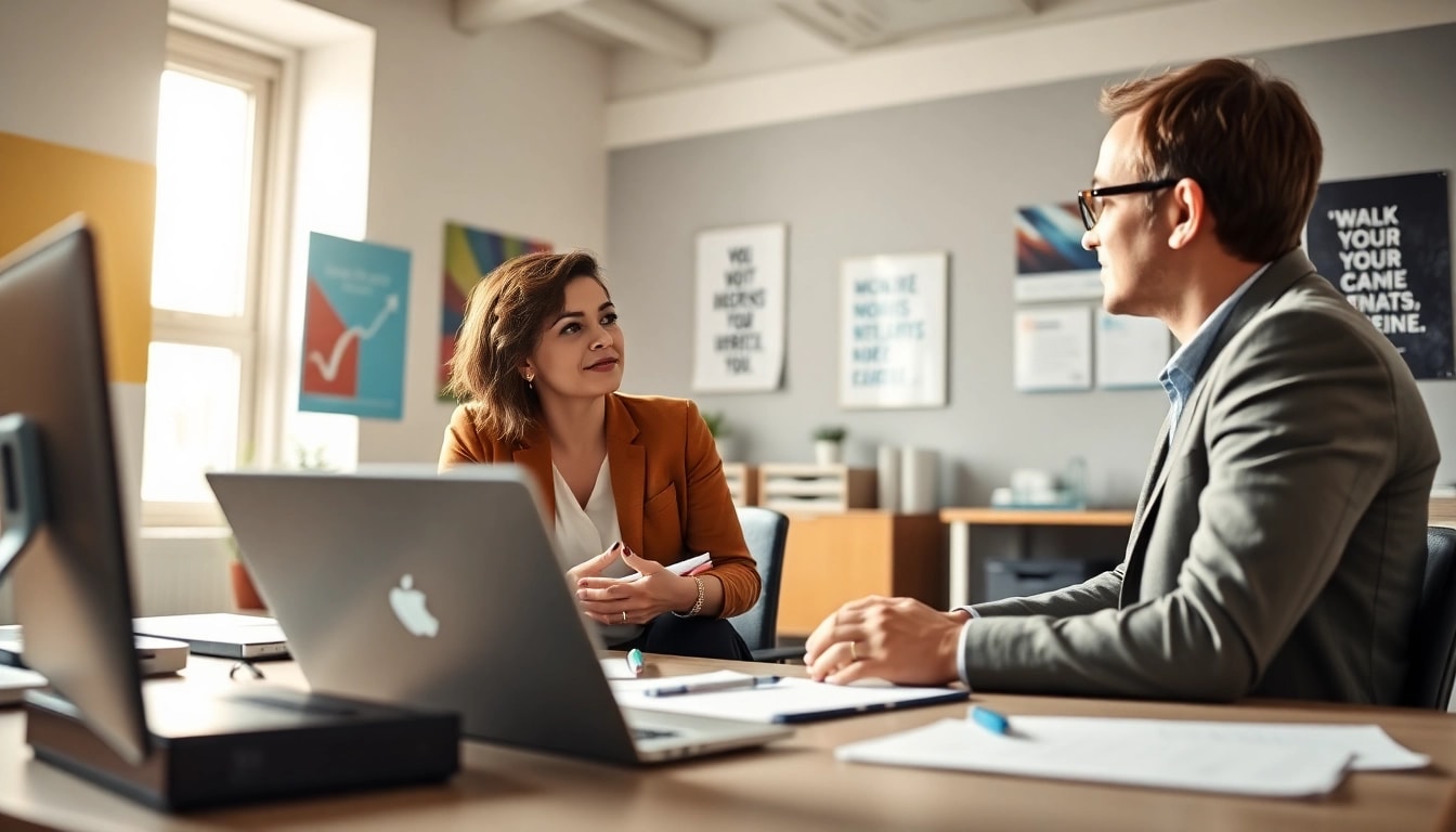 Career coaching session with a professional coach and client in a bright office.