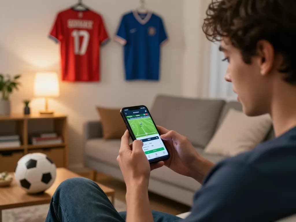 Engaging user placing bets on cacuocbongda app during live football match, strategic game elements visible.