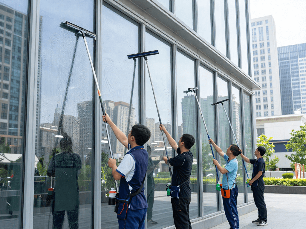 Glasreinigung Firma Dortmund bei der Arbeit, Fensterreinigung in der Stadt mit professionellen Reinigern und umweltfreundlichen Mitteln.