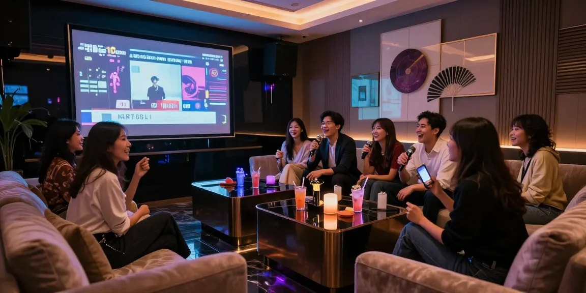 강남쩜오에서 프리미엄 가라오케를 즐기는 고객들의 화기애애한 모습