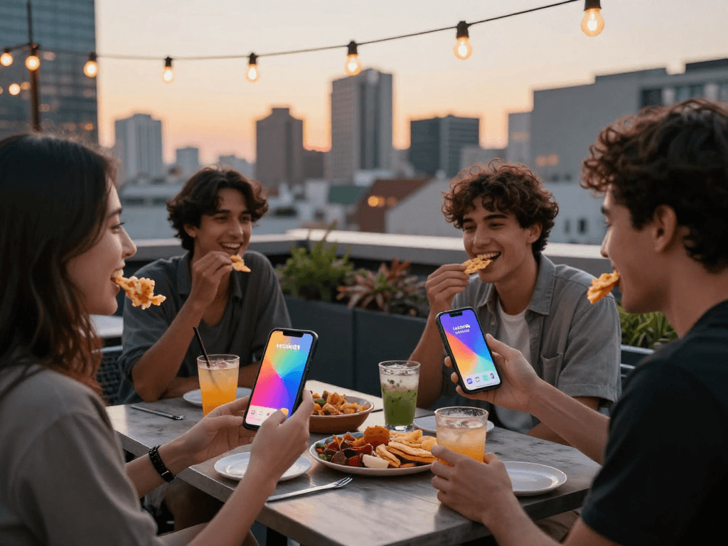 Friends engaging and sharing snacks while using the rokok88 app on a rooftop terrace