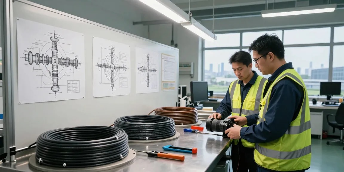 Engineers examining seismic cable in a professional industrial workspace
