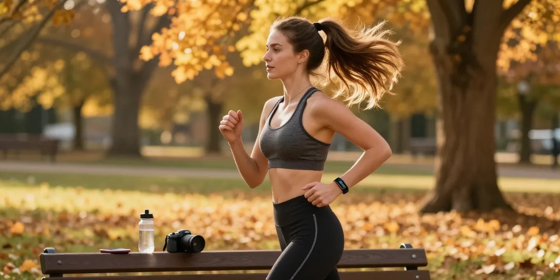 Smartwatch Fitbit Luxe di tangan wanita yang berolahraga di taman, https://www.polarfitbitshop.com/fitbit-luxe/ menunjukkan gaya hidup sehat yang trendi.