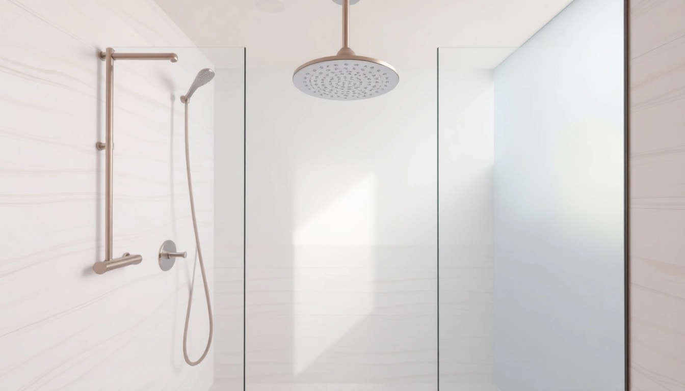 Experience elegant showers au with a modern bathroom featuring a luxe rain shower and glass enclosure.