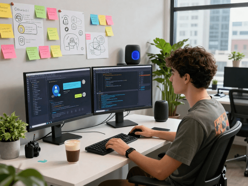 Developer engaging with an nsfw chat bot project in a modern workspace.