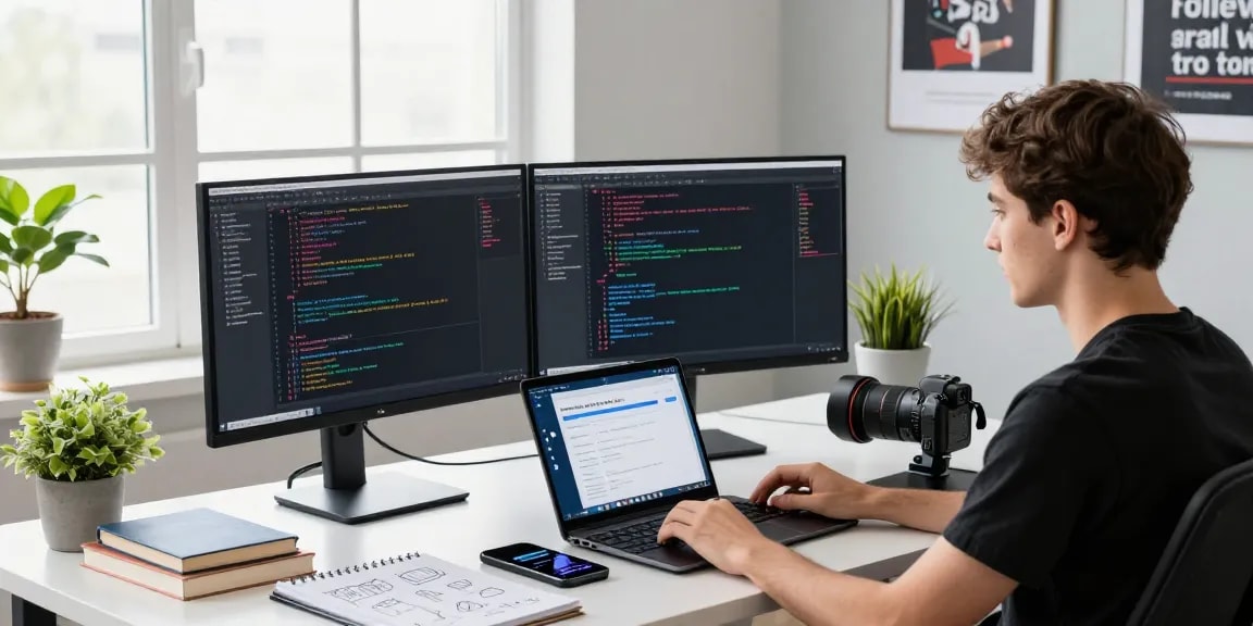 Developer coding at modern workspace with 纸飞机官网 technical resources around.