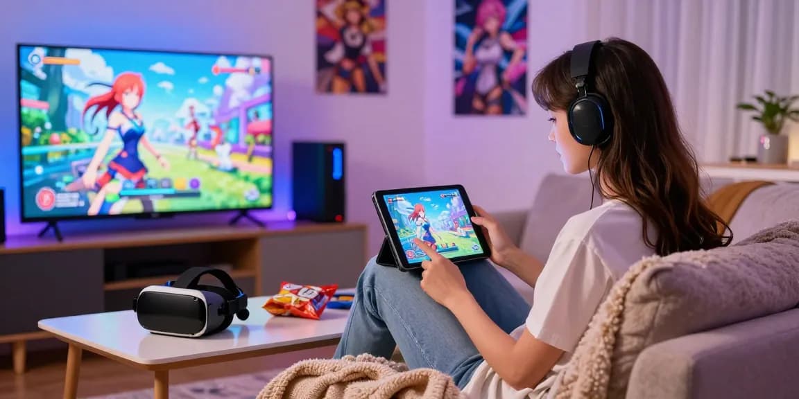 Young woman enjoying a hentai game on a tablet in a colorful, cozy living room.