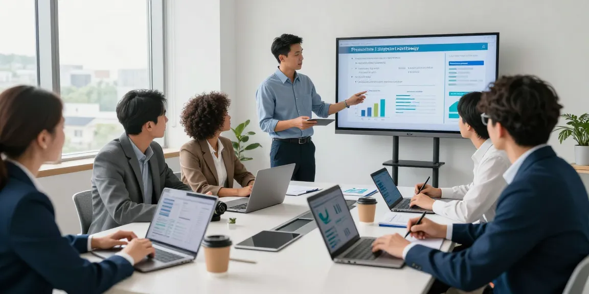 Team collaborating on small business it support services strategy in a bright office setting with laptops and digital whiteboard.