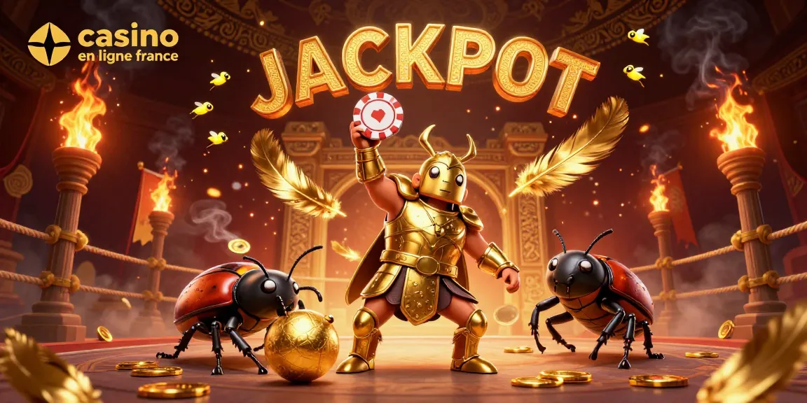 Photo d'une illustration 3D de casino en ligne France, mettant en vedette un scarabée en armure dorée célébrant un jackpot.