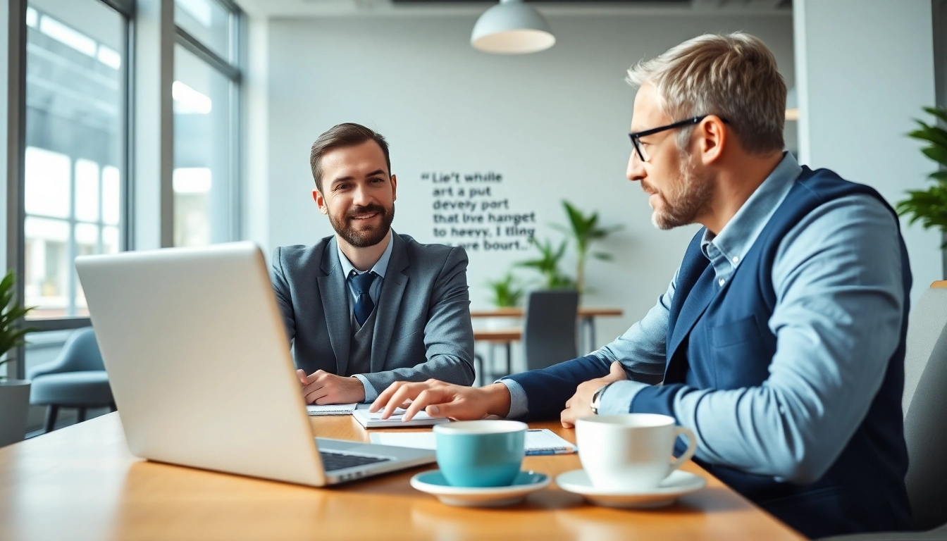 Engaging business coach near me guiding a client in a modern office setting.