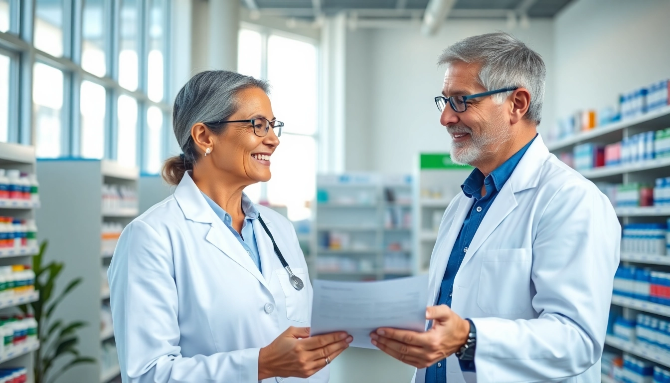 Engaging consultation at MediClick Pharmacy between a pharmacist and patient in a bright setting.
