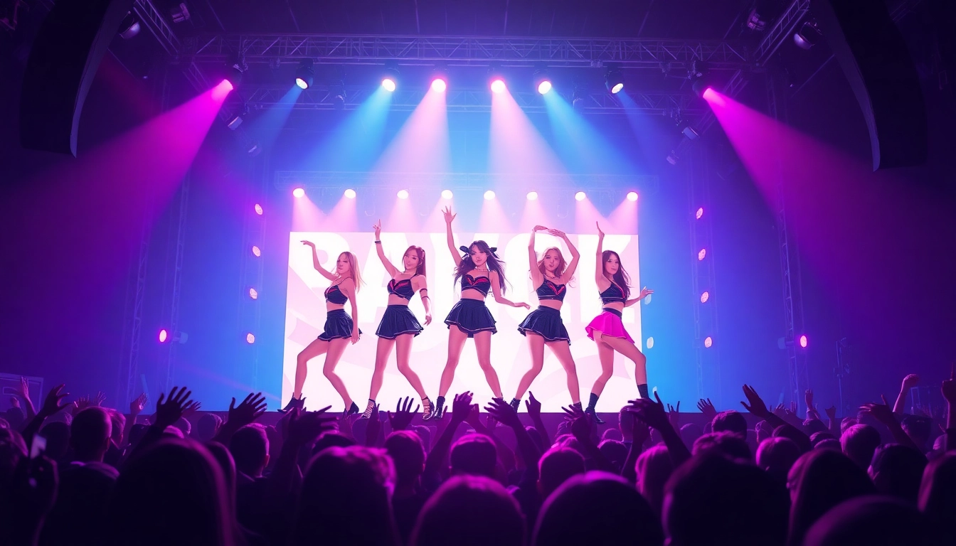 Engaging Blackpink news with members performing energetically on stage before an excited crowd.