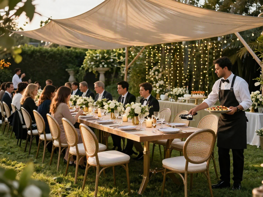 Event furniture rental setup in outdoor garden for a sophisticated gathering.