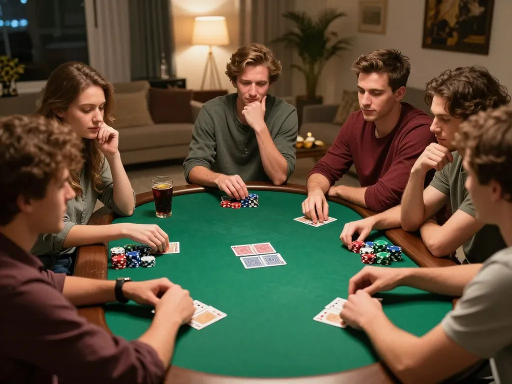 Friends playing poker at home, showcasing strategic thinking and fun with garuda slot elements