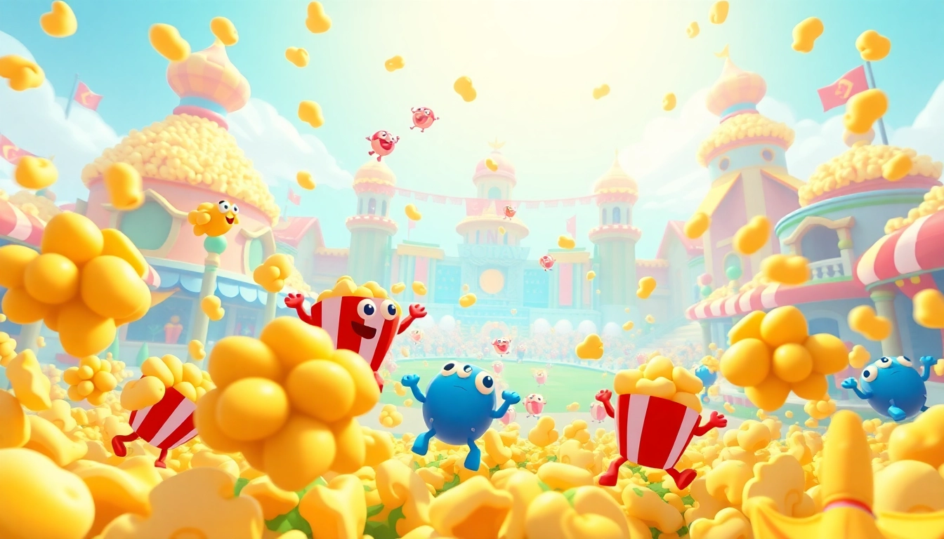 Exciting scene from Popcorn google doodle multiplayer game with animated popcorn characters.