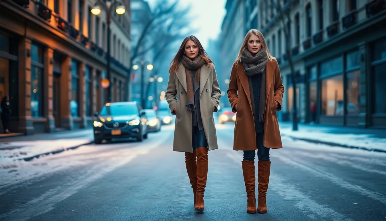 Model showcasing winter fashion style with layered clothing in a snowy city backdrop.