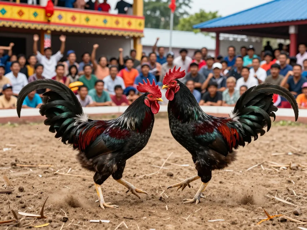 Witness the thrilling cockfight dynamics with black roosters showcasing speed and agility at đá gà campuchia event.