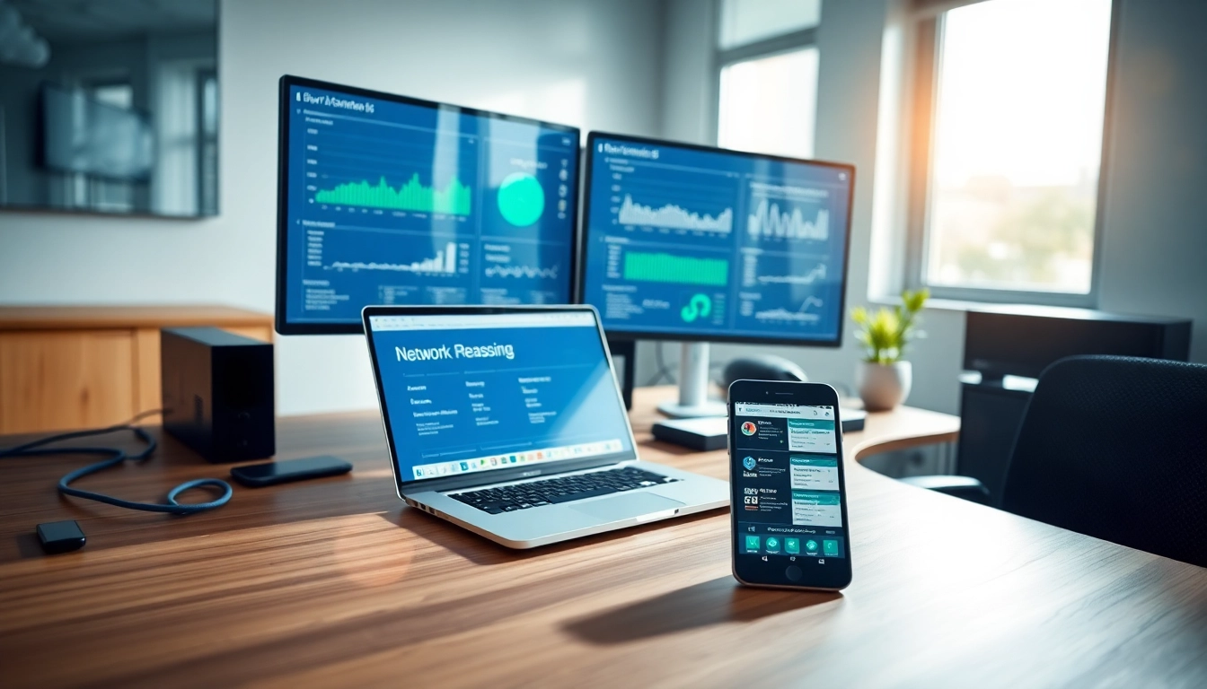 Implementing network management solutions displayed on office devices, illustrating connectivity and performance.