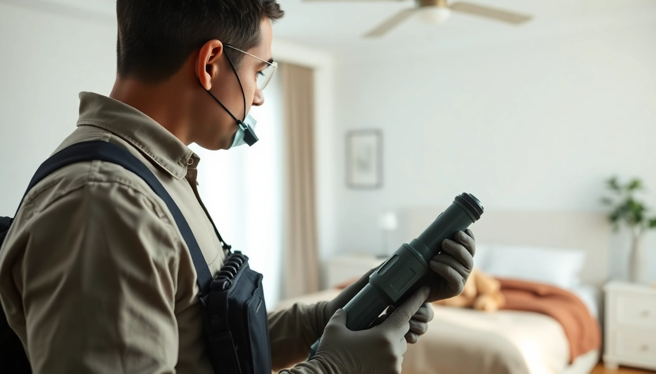 Bed bug exterminator treating a bedroom with specialized equipment for effective pest control.