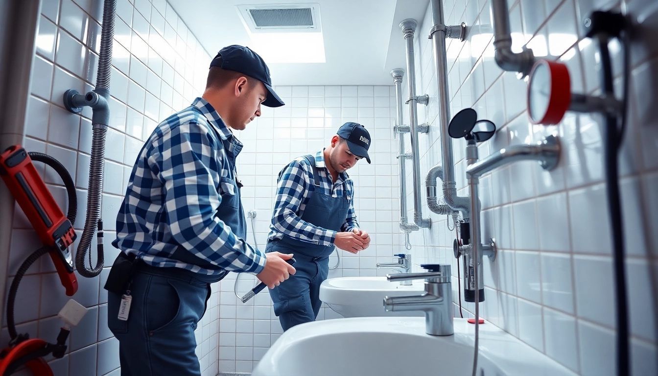 Fachleute von sonni sanitär GmbH bei der Installation moderner Sanitäranlagen in einem hellen Badezimmer.