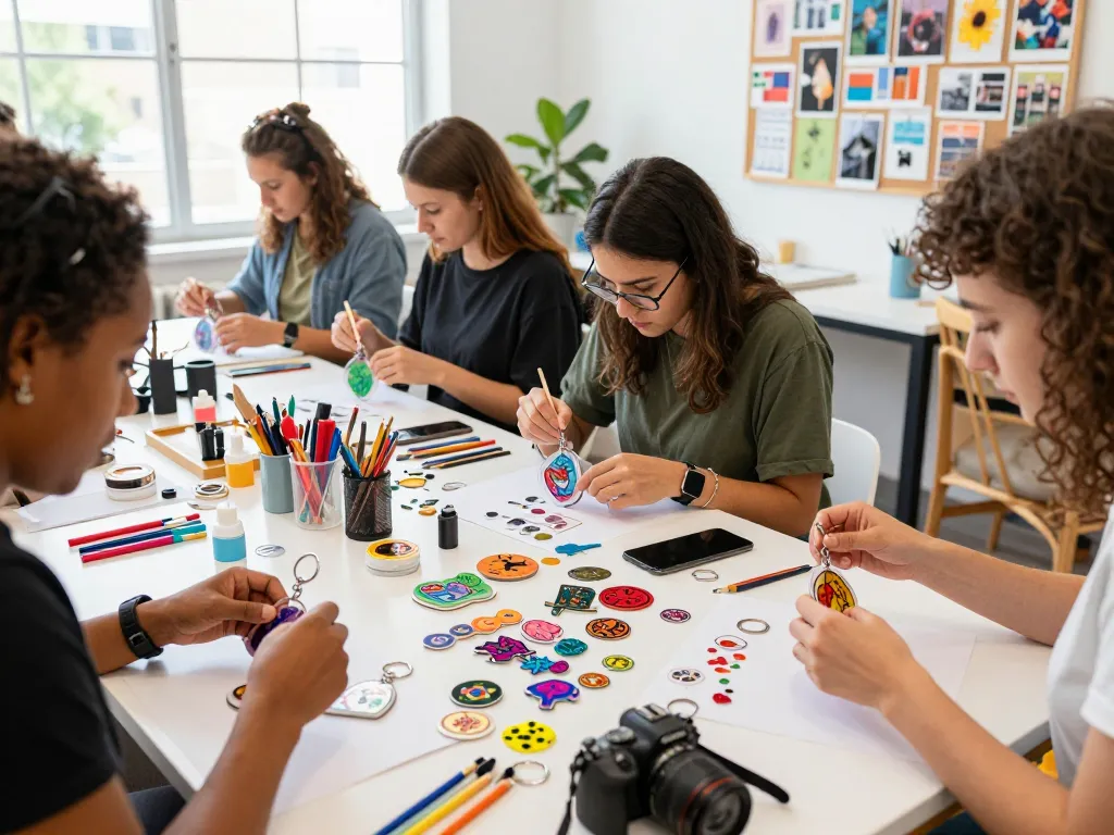 Custom keychains being created in a lively studio with diverse artists and colorful supplies.
