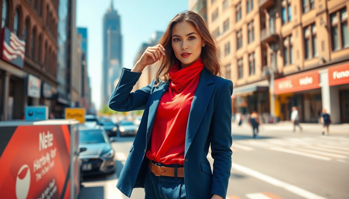Fashion model confidently showcasing a stylish urban outfit against a vibrant city backdrop.