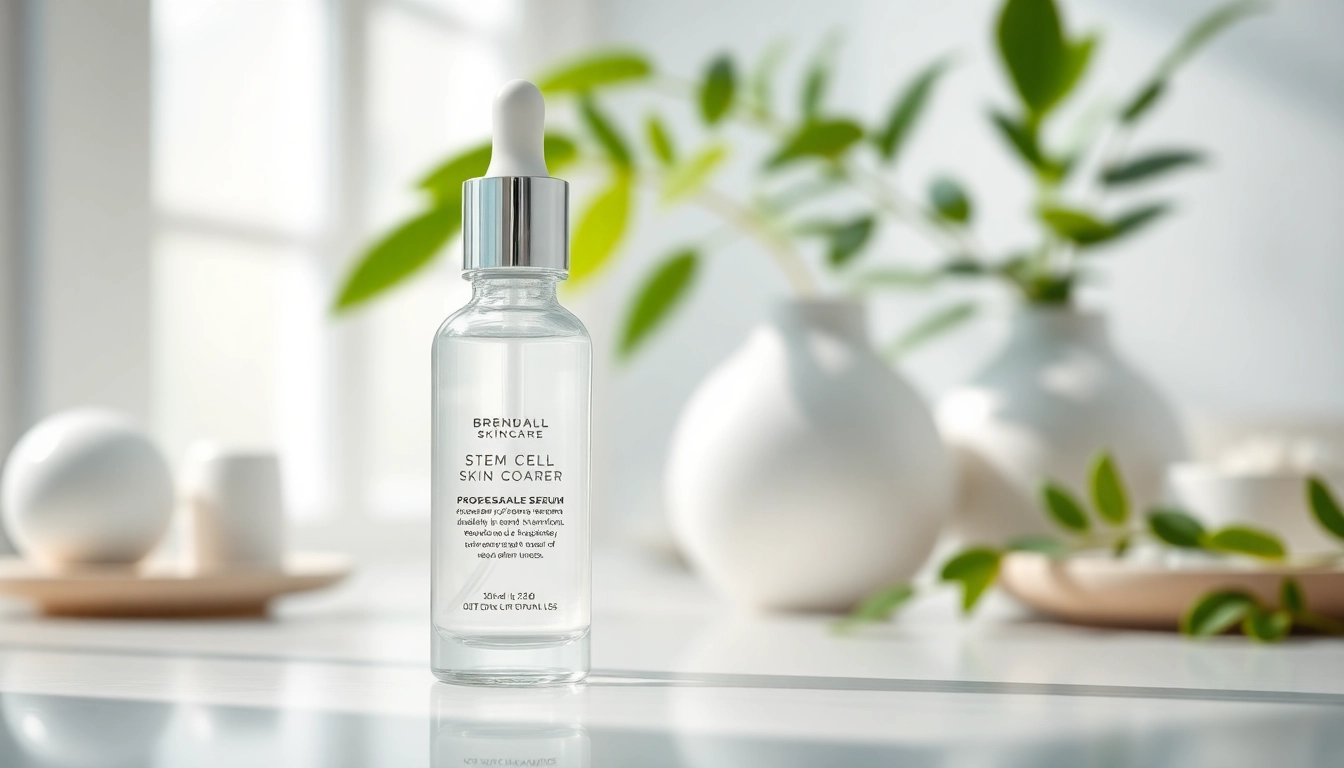 Showcasing stem cell skincare serum with an elegant dropper in a serene spa-like setting.
