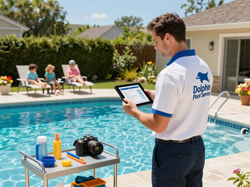 Dolphin Pool Services technician inspecting a family pool with maintenance tools and electronic reports.
