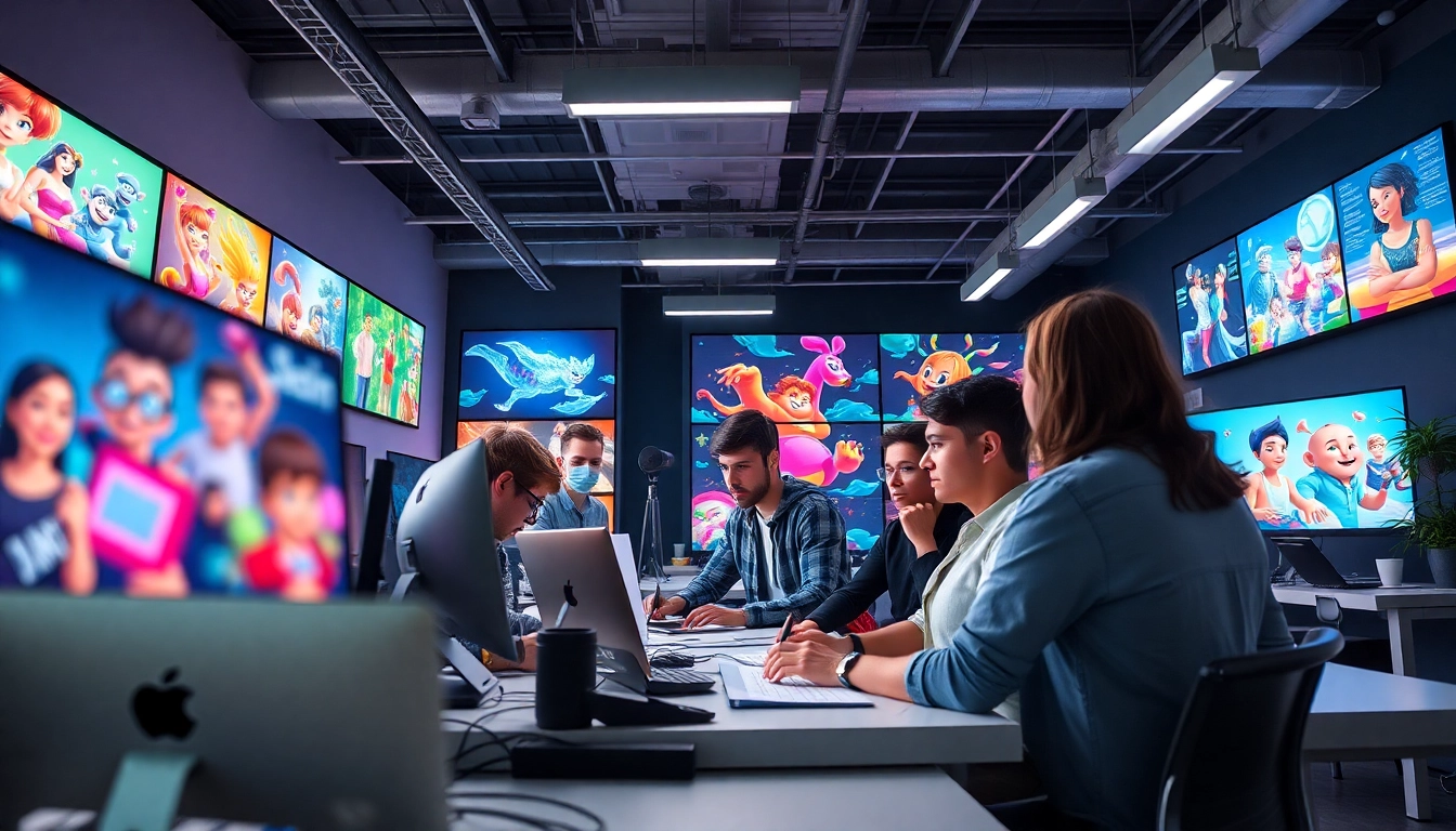 Animation Agency kreative Künstler in hellem Arbeitsraum mit innovativen Designs.