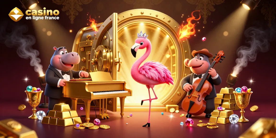 Illustration dynamique du casino en ligne France présentant une chanteuse flamant rose au piano, entourée de richesses.