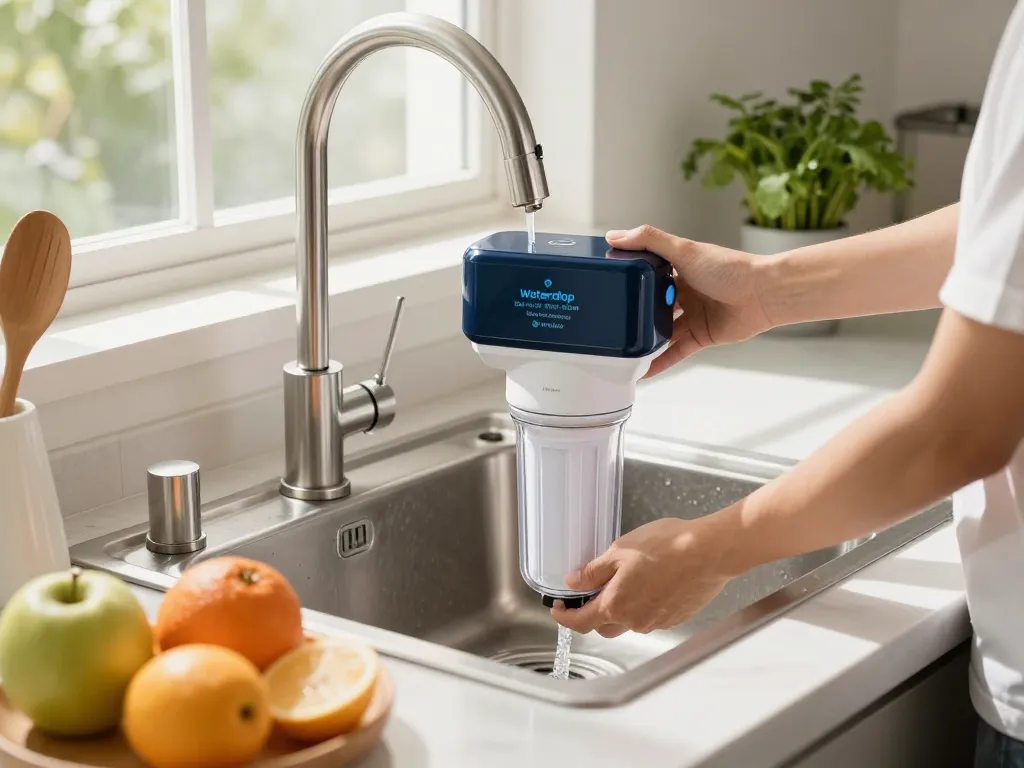 Person installing the Waterdrop Plus DA29-00020B NSF 401 Certified Water Filter in a bright kitchen.