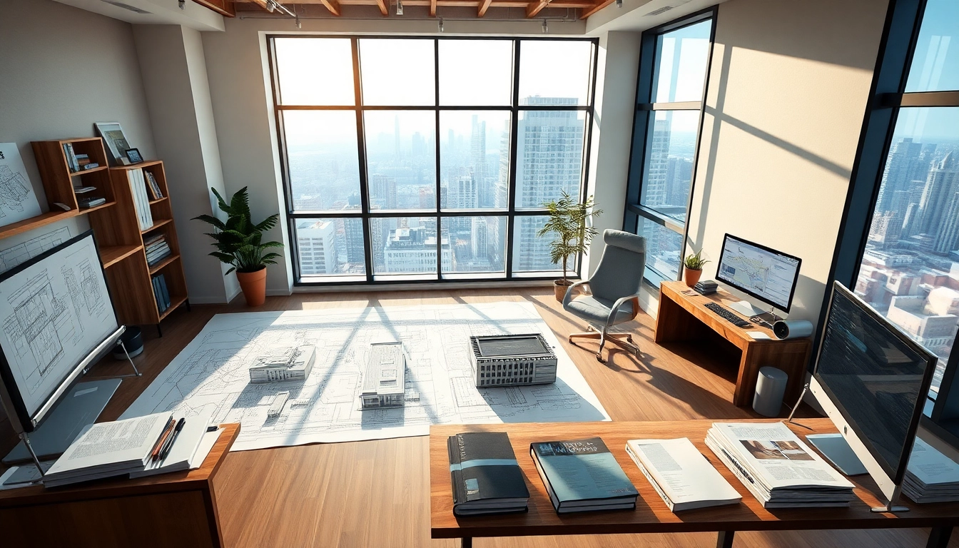 Showcasing architectural services in a modern office with blueprints and design tools.