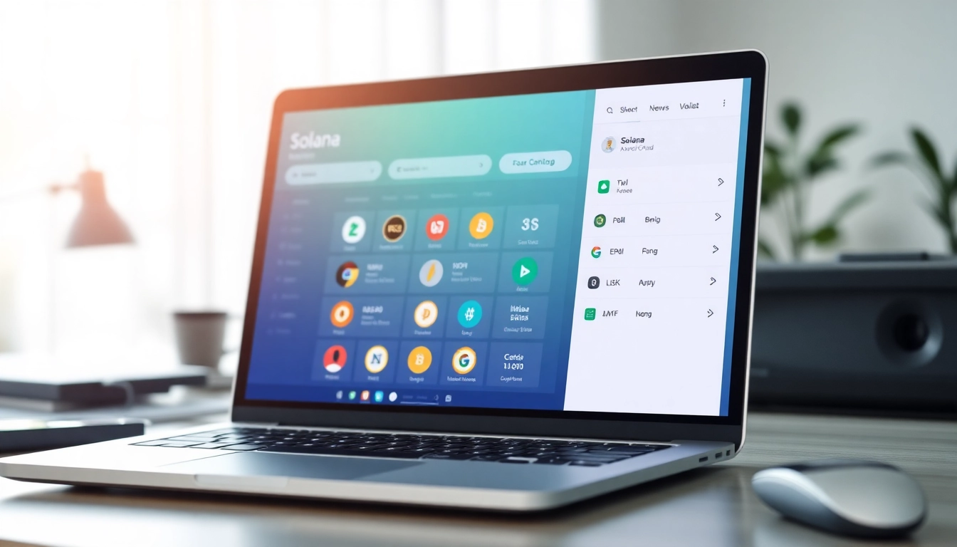 View of a Solana Wallet interface on a laptop, showcasing advanced cryptocurrency features and vibrant icons.