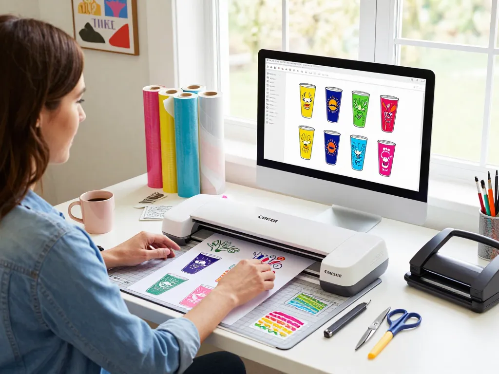 Woman designing unique Cricut SVG bundle graphics in a bright crafting workspace.