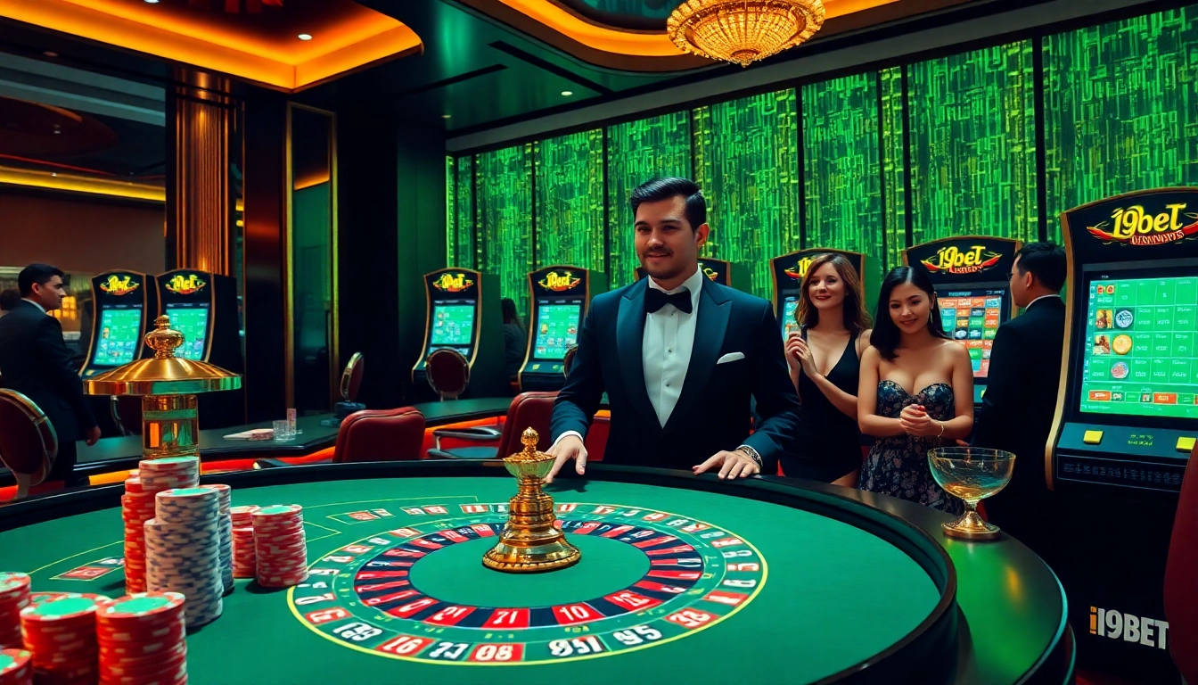 I9BET immersive gambling experience featuring a luxurious casino scene with roulette and poker elements.
