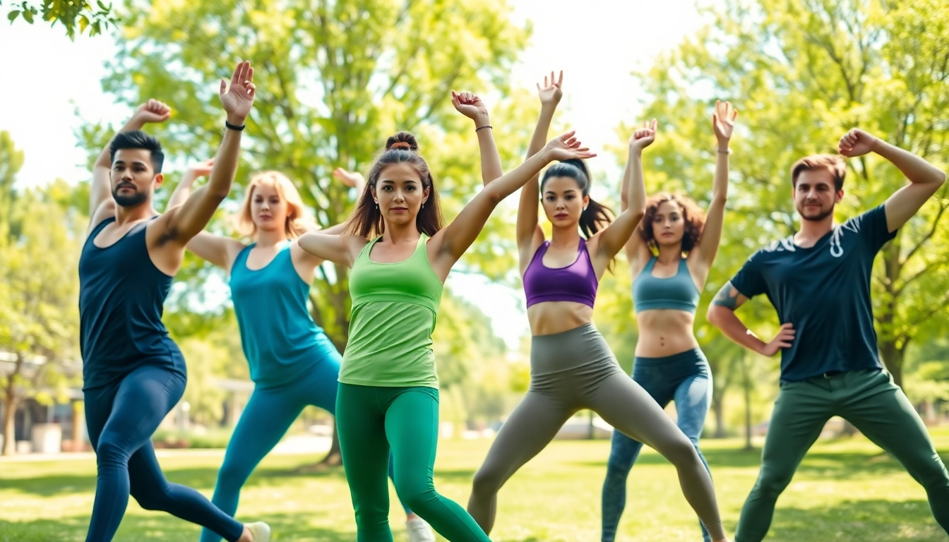 Movenetics movement exercises demonstrating flexibility and strength in a vibrant park setting.