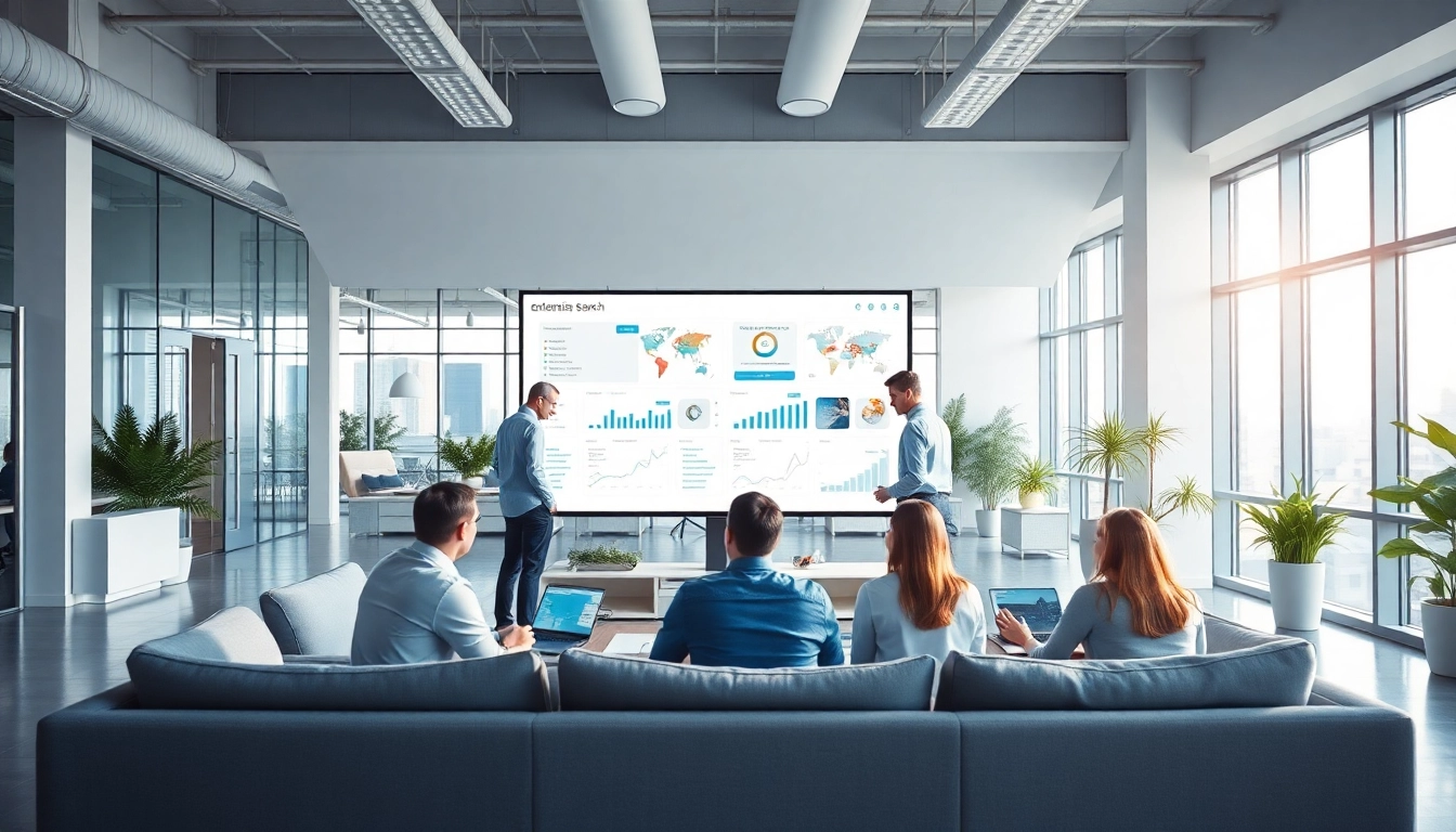 Visualize enterprise search software used by professionals in a modern collaborative workspace.