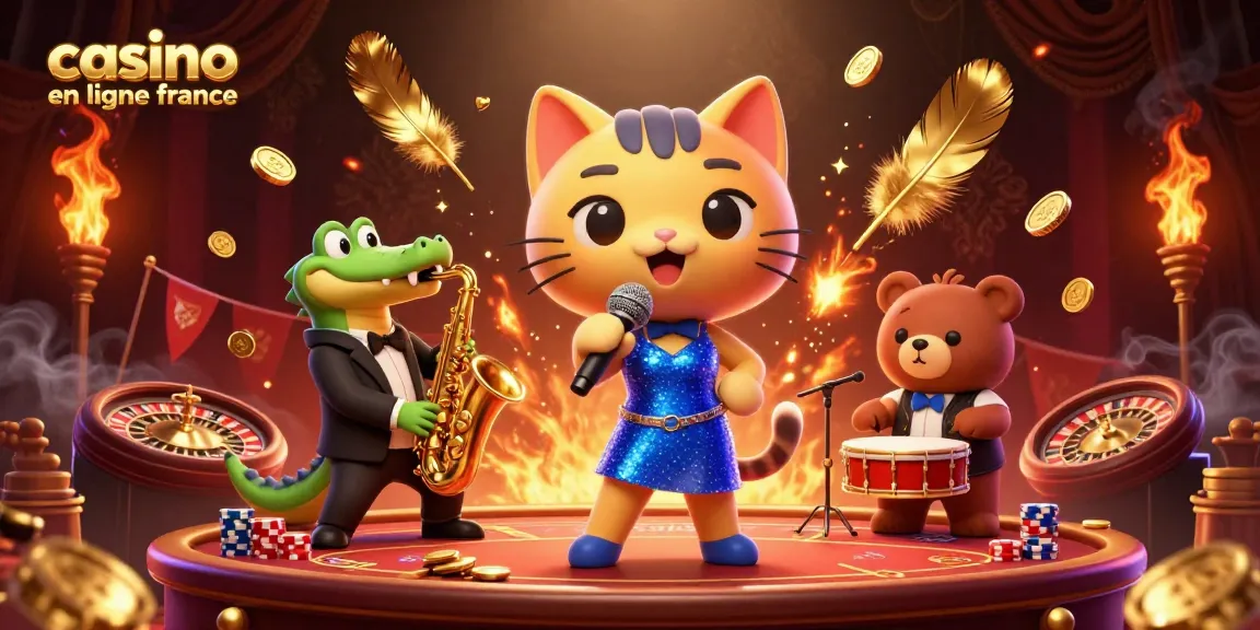 Illustration d'une scène de casino avec un chat chanteur, un crocodile musicien et un ours dans un cadre festif au "casino en ligne france".