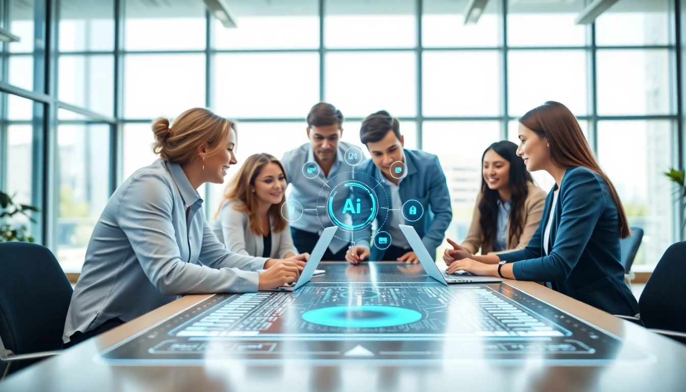 Engaging enterprise ai assistant interacts with a diverse team in a modern office.