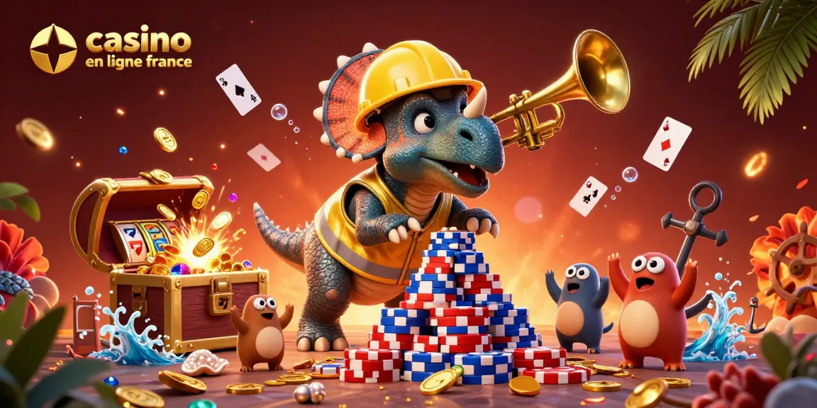 Illustration animée représentant l'univers des jeux de casino en ligne France avec un triceratops et des éléments riches.