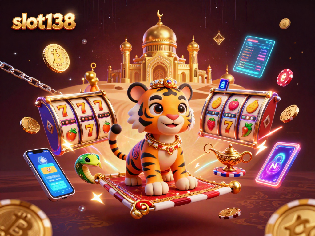 Play slot138 with vibrant slot reels and jackpot excitement amidst a dazzling casino landscape.