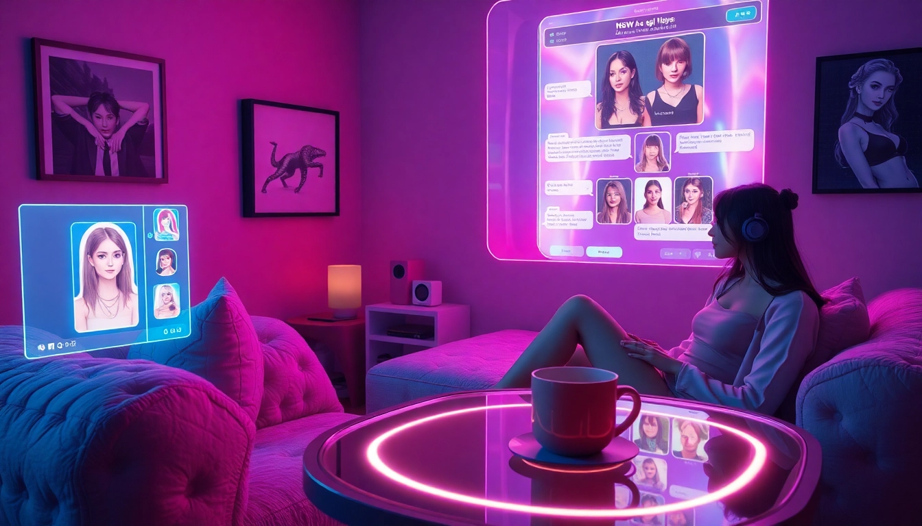 Engaging NSFW AI interaction in a cozy virtual setting with holographic characters.