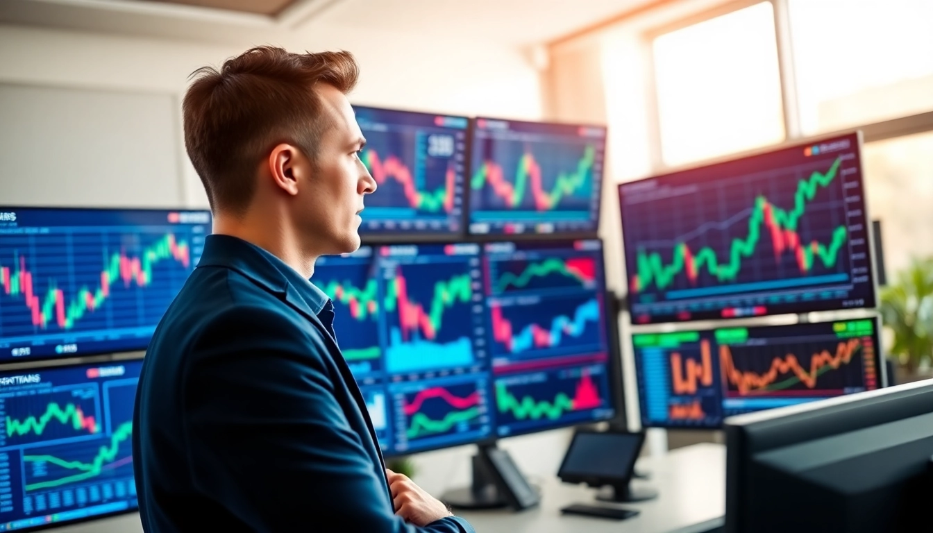 Trader analyzing data for crypto quant trading strategies in a modern office