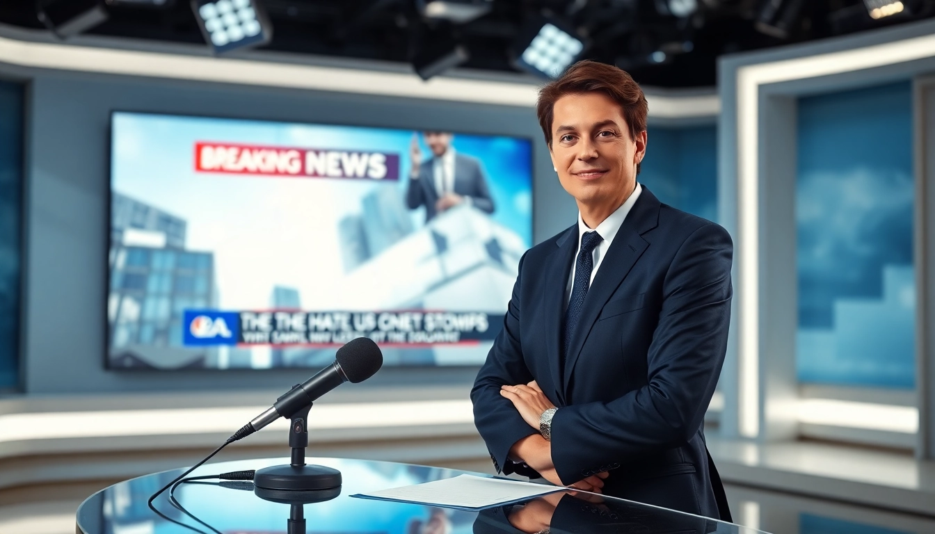 Engaging news anchor presenting the latest news in a professional studio environment.