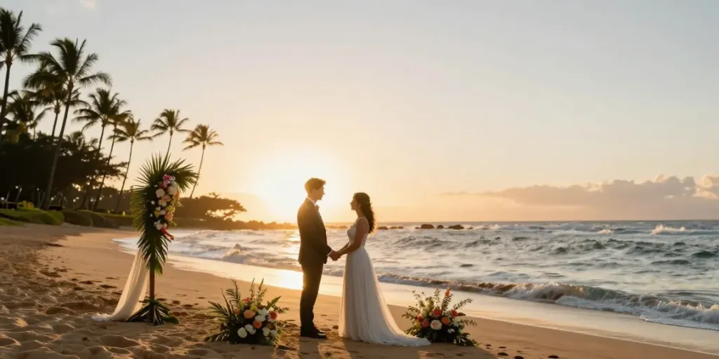 Oahu elopement photographer capturing a couple on a picturesque beach at sunset.