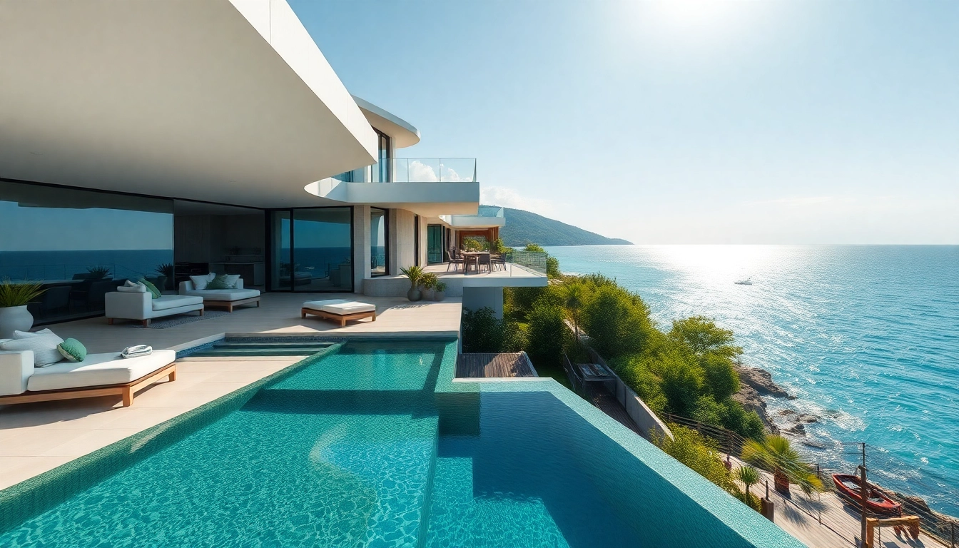 Showcasing a beachfront villa representing real estate alanya, with a stunning sea view and lush surroundings.