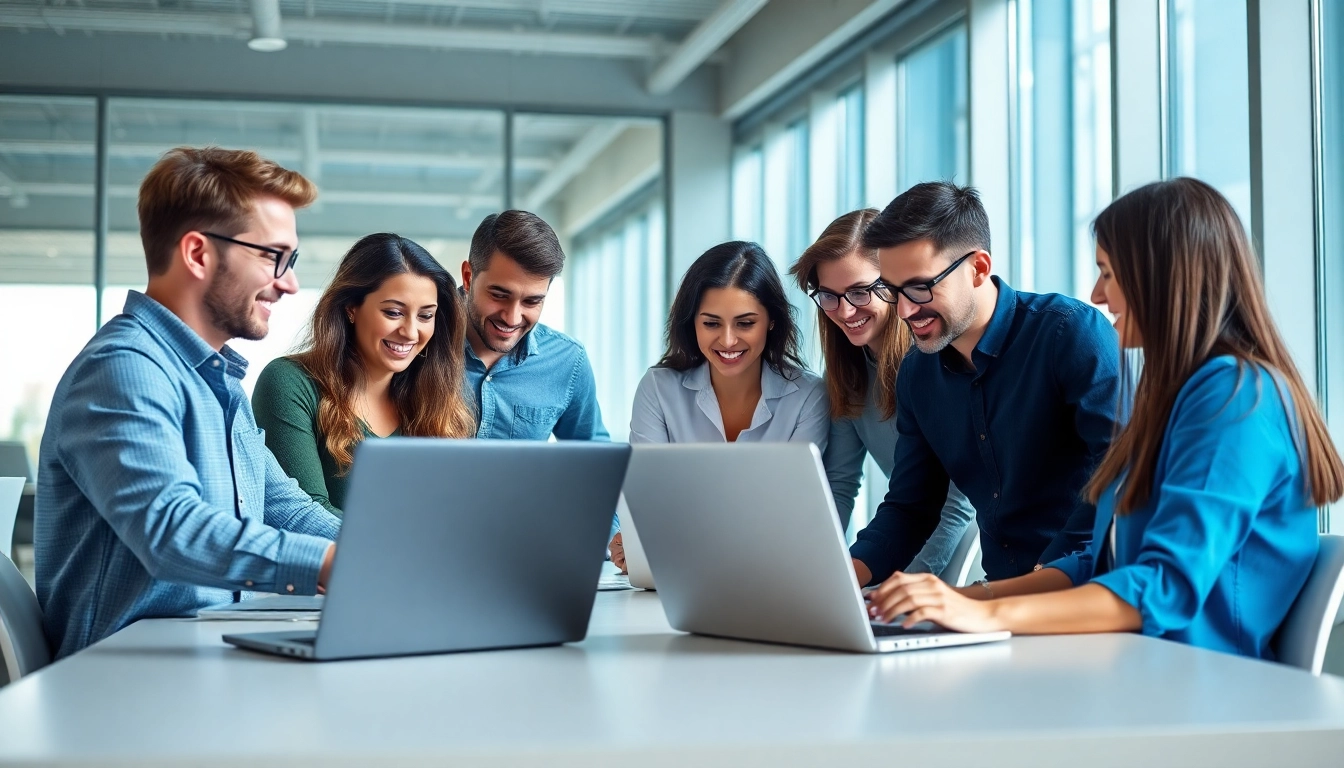 Web development company team collaborating in a modern office environment