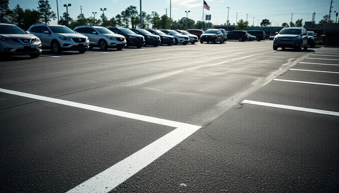 Parking lot striping Highway 80 Jackson MS with freshly painted lines and organized vehicles.